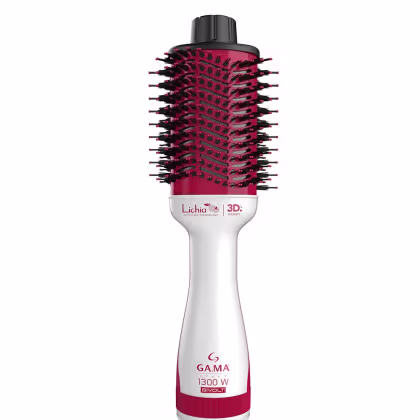 Escova de cabelo elétrica secadora da marca GA.MA Italy. Corpo branco com detalhes em vermelho. Cabeça arredondada com inúmeras cerdas plásticas vermelhas e pretas dispostas em fileiras concêntricas.