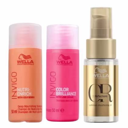 A imagem mostra três produtos Wella Professionals. À esquerda, há um frasco laranja de 50ml de shampoo Nutri-Enrich. No centro, um frasco rosa de 50ml de shampoo Color Brillianc. À direita, um frasco dourado de óleo "Oil Reflections"