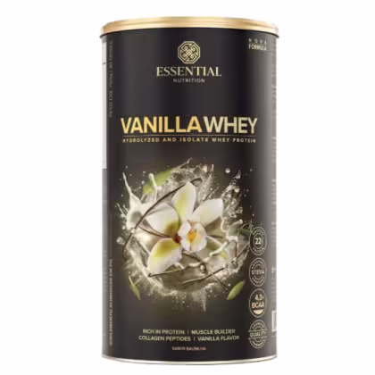A imagem mostra uma embalagem de whey protein sabor vanilla, toda preta com letras brancas.