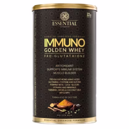 A imagem mostra uma embalagem de whey protein com sabor golden milk, toda preta com letras amarelas.