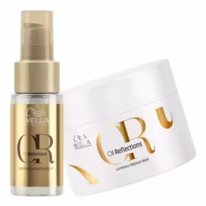 Frasco dourado com um aplicador spray na parte superior. O frasco tem um rótulo com o nome do produto "Oil Reflections" e o logotipo da Wella. Ao lado, há uma máscara capilar da mesma linha.