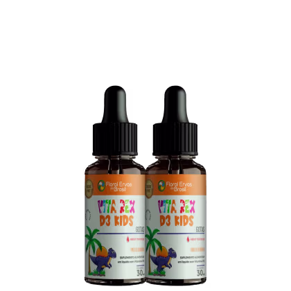 Dois frascos contendo um suplemento alimentar líquido para crianças chamado "Vita Rex D3 Kids" da marca Floral Ervas do Brasil. Os frascos têm contas-gotas pretas e rótulos coloridos com ilustrações de uma palmeira, um dinossauro roxo e frutas.