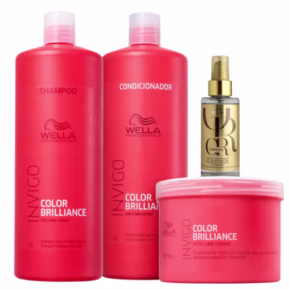 Conjunto de produtos Wella Professionals para cabelos coloridos, incluindo shampoo, condicionado e máscara Color Brilliance e óleo capilar Oil Reflections.