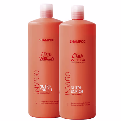2 frascos de 1 litro do shampoo nutri-enrich, formto cilíndrico e cor laranja.