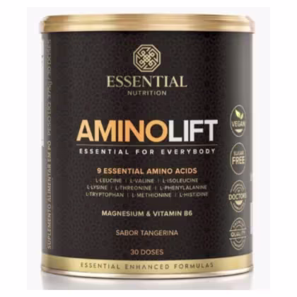 A imagem mostra uma embalagem de suplemento com rótulo preto.