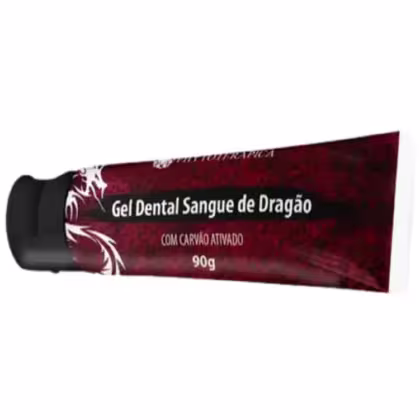 Gel dental com extrato de sangue de dragão, em embalagem vermelha e preta, com 90g de conteúdo e indicação de carvão ativado em sua composição.