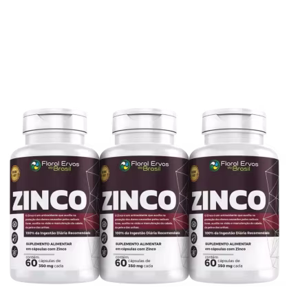Três frascos de suplemento alimentar em cápsulas de zinco da marca Floral Ervas do Brasil. Rótulos marrons com o nome "ZINCO" e informações sobre o produto, como "100% da Ingestão Diária Recomendada", "60 cápsulas de 350mg cada"