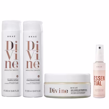 A imagem mostra uma linha de produtos para cabelos da marca Brae. Há dois frascos brancos de shampoo e condicionador "Divine", um pote branco de máscara de tratamento capilar "Divine". Também há um frasco pequeno de spray reparador capilar "Essential".