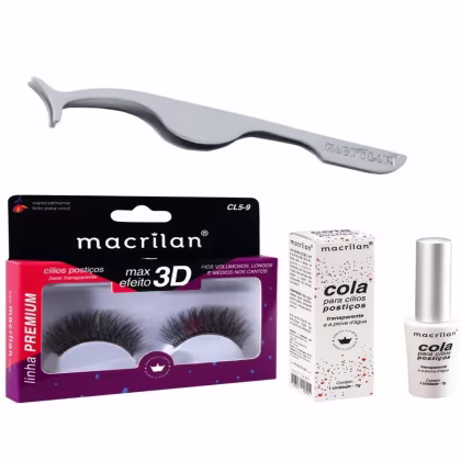 Imagem do produto Combo Cílios Fios Longos + Pinça + Cola - Macrilan - CA-001 + CL5-9 + PI-11