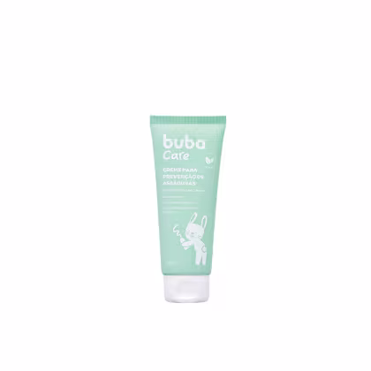 Creme para prevenção de assaduras da marca Buba Care. Embalagem de 100g em tubo cor verde menta. Rótulo com o nome "Creme para Prevenção de Assaduras" e detalhes como "Hipoalergênico" e "À base de óxido de zinco". Ilustração de um coelho branco estilizado