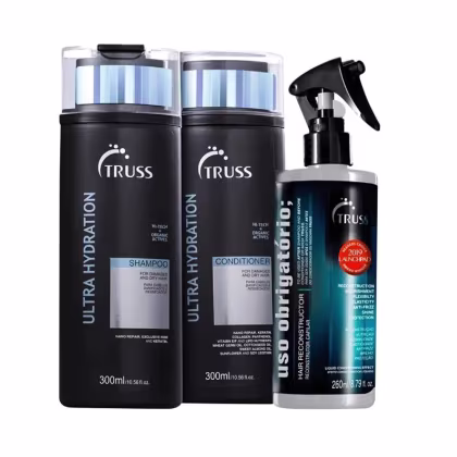 Kit com 3 produtos de TRUSS. Dois frascos grandes de shampoo e condicionador, um frasco de uso obrigatório spray.