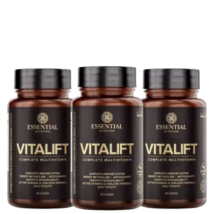 A imagem mostra um kit com três potes redondos marrom com rótulos pretos e letras douradas.