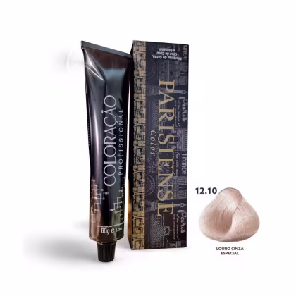 A imagem mostra produtos de coloração de cabelo profissional da marca Paris Cosmetics. Há uma caixa retangular exibindo o logotipo e nome "Paris Cosmetics". Ao lado está um tubo preto brilhante com a mesma marca impressa, contendo o creme colorante.