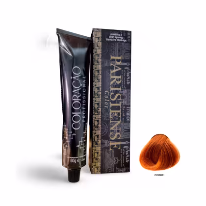 A imagem mostra produtos de coloração de cabelo profissional da marca Paris Cosmetics. Há uma caixa retangular exibindo o logotipo e nome "Paris Cosmetics". Ao lado está um tubo preto brilhante com a mesma marca impressa, contendo o creme colorante.