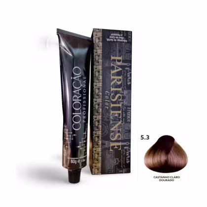 A imagem mostra produtos de coloração de cabelo profissional da marca Paris Cosmetics. Há uma caixa retangular exibindo o logotipo e nome "Paris Cosmetics". Ao lado está um tubo preto brilhante com a mesma marca impressa, contendo o creme colorante.