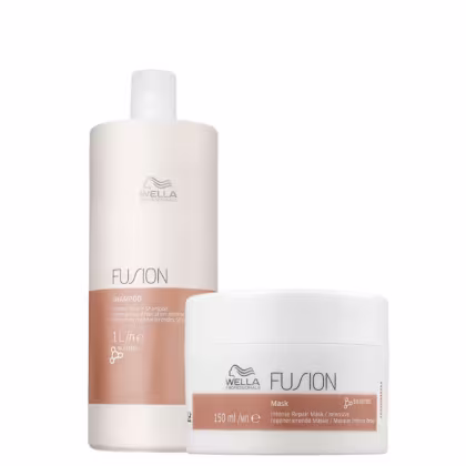 Kit com shampoo e máscara Fusion, da marca Wella Professionals.