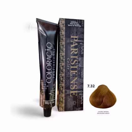 A imagem mostra produtos de coloração de cabelo profissional da marca Paris Cosmetics. Há uma caixa retangular exibindo o logotipo e nome "Paris Cosmetics". Ao lado está um tubo preto brilhante com a mesma marca impressa, contendo o creme colorante.