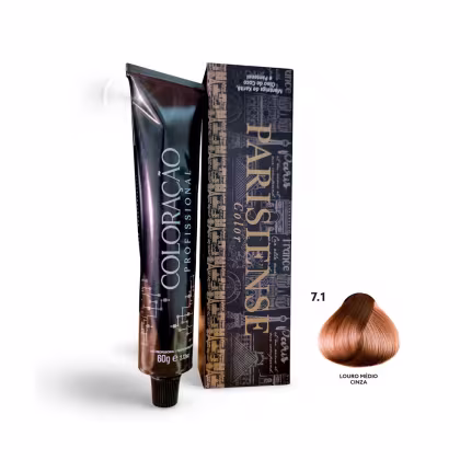 A imagem mostra produtos de coloração de cabelo profissional da marca Paris Cosmetics. Há uma caixa retangular exibindo o logotipo e nome "Paris Cosmetics". Ao lado está um tubo preto brilhante com a mesma marca impressa, contendo o creme colorante.