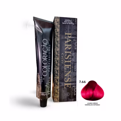 A imagem mostra produtos de coloração de cabelo profissional da marca Paris Cosmetics. Há uma caixa retangular exibindo o logotipo e nome "Paris Cosmetics". Ao lado está um tubo preto brilhante com a mesma marca impressa, contendo o creme colorante.
