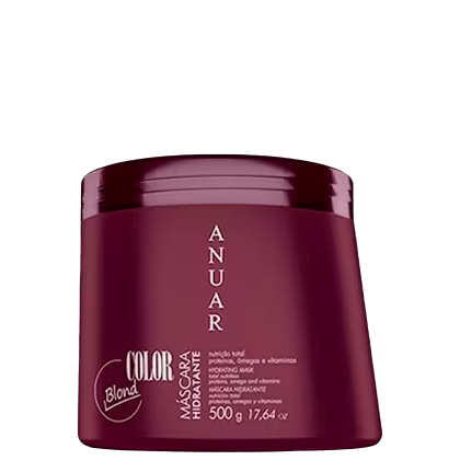 Máscara hidratante para cabelos coloridos da linha Color Blond da marca Anuar Cosméticos. Embalagem plástica rígida na cor vinho, formato cilíndrico. Rótulo frontal exibe o logotipo Anuar e as informações "Color Blond Máscara Hidratante" e "500g".