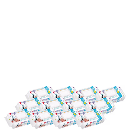 Há doze pacotes de toalhas umedecidas para bebês. Há imagens de dois bebês enrolados em toalhas azuis com estampa de animais. O texto principal destaca "Proteção e Cuidado" e "Toalhas Umedecidas com Vitamina E e Aloe Vera".