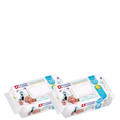 Há dois pacotes de toalhas umedecidas para bebês. Há imagens de dois bebês enrolados em toalhas azuis com estampa de animais. O texto principal destaca "Proteção e Cuidado" e "Toalhas Umedecidas com Vitamina E e Aloe Vera".