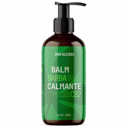 Frasco de 450g de Balm Barba Calmante CB2 da marca Don Alcides, com embalagem verde e preta, contendo informações sobre o produto e seus ingredientes.