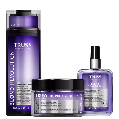 Produtos para cabelos loiros da linha Blond Revolution da marca TRUSS Professional. Inclui um shampoo antioxidante em frasco de 300ml, uma máscara capilar efeito teia para melhorar a elasticidade dos fios, e um finalizador à prova d'água.