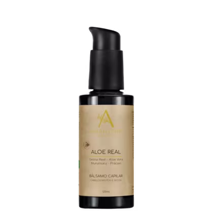 A imagem mostra um frasco escuro de 120ml de bálsamo capilar com rótulo de cor parda e tampa preta com pump.