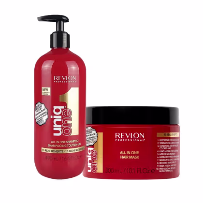 Um shampoo "All in One" em uma embalagem vermelha com bomba dosadora, contendo 490ml. Uma máscara capilar "All in One" em um pote vermelho de 300ml.