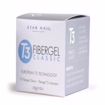 O produto em si é um gel de 28g, destinado a aplicações em unhas. A embalagem é uma caixa branca com detalhes em azul claro, contendo informações sobre o produto, como a tecnologia "European T3" e os benefícios.