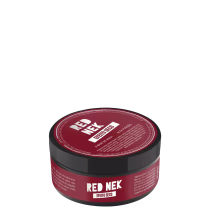 A imagem mostra um pote redondo preto com rótulo vermelho e letras brancas.