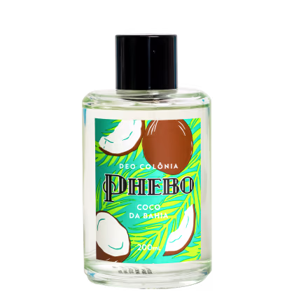 Deo colônia Phebo Coco da Bahia. Rótulo com fundo verde e detalhes em laranja, branco e amarelo. Ilustrações de coco e folhagens tropicais. Texto "Phebo" em letras grandes e "Coco da Bahia" em letras menores. Tampa preta na parte superior do frasco.