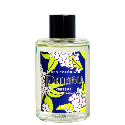 Deo colônia em frasco de vidro de 200ml.apresenta um design colorido com fundo azul marinho e detalhes em amarelo, branco e vermelho. O rótulo exibe o nome do produto "Phebo Verbena Tropical", e elementos florais estilizados com flores brancas e amarelas.