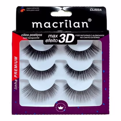 Imagem do produto Macrilan Linha Premium Max Efeito 3D Fios Naturais e Alongados - Cílios Postiços (3 Pares)