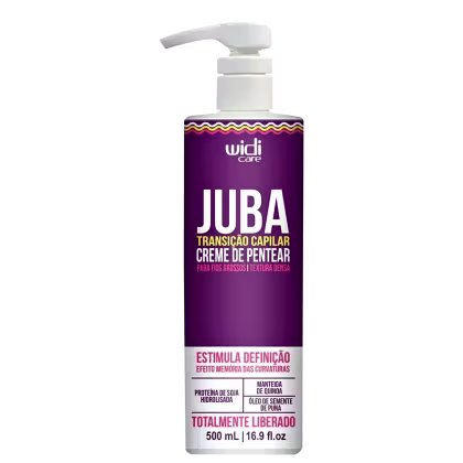 Frasco de creme de pentear Juba da Widi Care, com embalagem roxa e branca, contendo 500 ml. O rótulo destaca a transição capilar e a textura densa, além de ingredientes como proteína de soja e manteiga de quinoa.