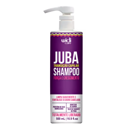 Frasco de shampoo Widi Care Juba, com bomba dosadora, em embalagem roxa com detalhes coloridos. Rótulo indica "Transição Capilar Shampoo - Força e Crescimento".
