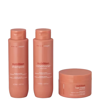 Três produtos da marca Braé: shampoo, condicionador e máscara capilar da linha Nutrition, em embalagens laranja com detalhes em branco e texto descritivo.