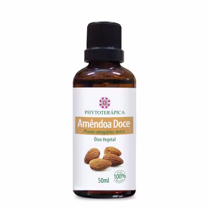 Frasco de óleo vegetal de amêndoa doce da marca Phytoterapica, com rótulo branco e detalhes em verde e laranja. Contém 50ml do produto, feito a partir da planta Prunus amygdalus dulcis.