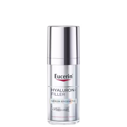 Frasco de vidro prateado com rótulo da marca Eucerin, contendo sérum epigenético Hyaluron-Filler para cuidados com a pele.