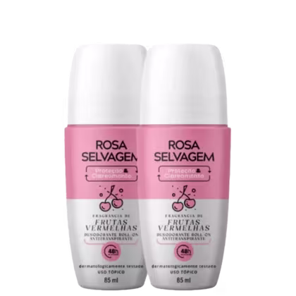 Dois frascos de desodorante roll-on da marca Rosa Selvagem, com fragrância de frutas vermelhas. Os frascos possuem embalagem branca e rosa, com rótulos indicando o nome da marca e o tipo de fragrância.