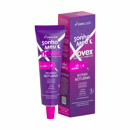 A imagem mostra caixa e bisnaga da Máscara Capilar Novex Sonho Meu Recarga Noturna, da marca Embelleze. Os produtos têm embalagem roxa com detalhes em rosa. Destaca benefícios para o cabelo durante a noite, como hidratação, recuperação e nutrição profunda