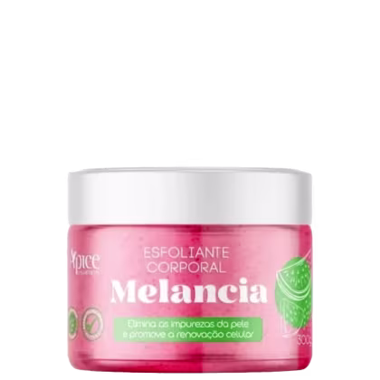 Esfoliante corporal da marca Apice Cosméticos, com o nome "Melancia" impresso no rótulo. O rótulo também destaca que o produto "elimina as impurezas da pele e promove a renovação celular".