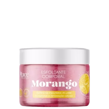 Esfoliante corporal da marca Apice Cosméticos, com o aroma de morango. A embalagem é um pote branco com tampa, com uma faixa rosa na parte inferior contendo o nome do produto "Morango" em letras brancas.