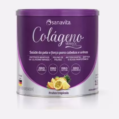 Lata roxa da marca Sanavita contendo o produto Colágeno Verisol, com informações sobre seus benefícios para a pele, cabelos e unhas, e destaque para ser livre de alérgenos, glúten, lactose e conservantes.