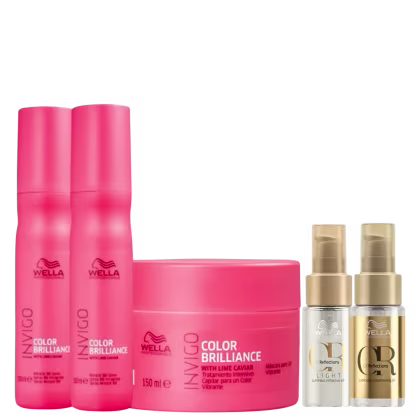 Produtos Wella Professionals: dois leave-ins Invigo Color Brilliance, uma máscara Color Brilliance e dois óleos Oil Reflections