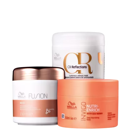 A imagem mostra três máscaras capilares Wella Professionals. Um frasco branco com a inscrição "Oil Reflections". O segundo é um pote laranja com a inscrição "Nutri-Enrich". O terceiro é um frasco branco com a inscrição "Fusion Mask Intense Repair Mask".
