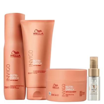 Produtos da linha Nutri-Enrich da Wella Professionals, incluindo shampoo, condicionador, máscara e óleo capilar.