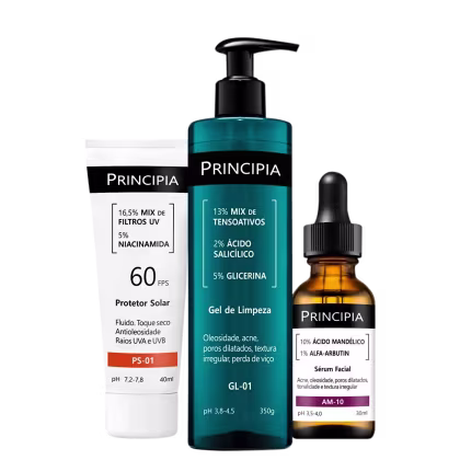 Produtos de beleza da marca Principia, incluindo protetor solar FPS 60, gel de limpeza e sérum facial. Embalagens em cores preto e azul, com rótulos e informações sobre os ingredientes e benefícios dos produtos.