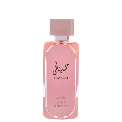 Frasco de perfume Lattafa Hayaati, com embalagem rosa e detalhes em dourado. Rótulo com nome do produto "Hayaati" e marca "Lattafa" em árabe e inglês.